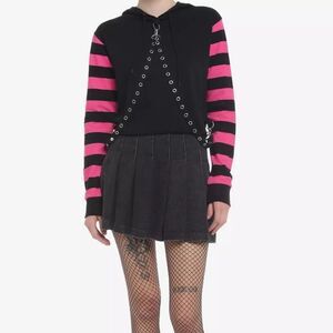 Hot Topic Social Collusion Black & Pink Stripe Harness Girls Crop Hoodie